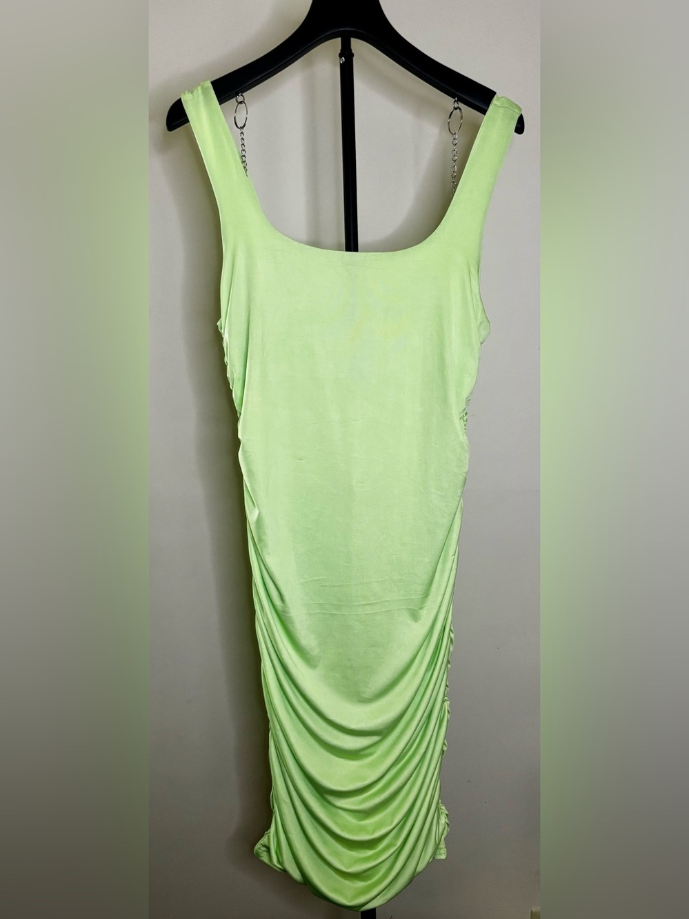Neon Green Ruched Bodycon Midi Dress Sleeveless Tank Square Neck - Picture 5 of 7